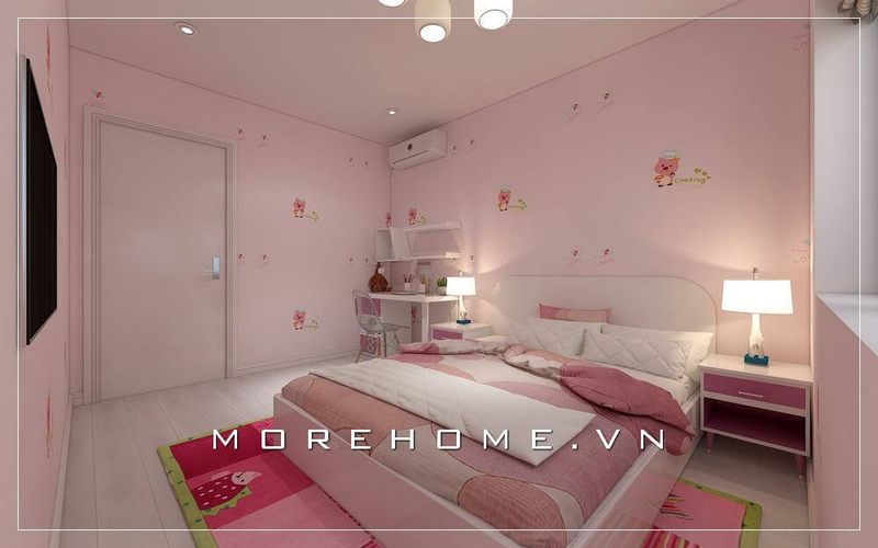 Thiết kế phòng ngủ hiện đại, màu hồng nhạt được gia chủ ưu ái lựa chọn tạo cảm giác nữ tính và nhẹ nhàng hơn cho phòng ngủ con gái