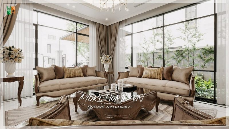 Bộ sofa với khung gỗ bằng gỗ óc chó tự nhiên cao cấp, kết hợp đệm bọc nhung màu nâu êm ái phù hợp vói phòng khách biệt thự tân cổ điển